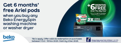 Get 6 months ' free Ariel pods when you buy any Beko EnergySpin washing machine or washer dryer
