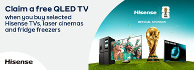 Claim a free QLED TV when you buy selected Hisense TVs, laser cinemas and fridge freezers