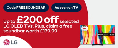 Up to £200 off selected LG OLED TVs plus, claim a free soundbar worth £179.99