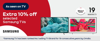 As seen on TV Extra 10% off selected Samsung TVs *Samsung TV has been ranked No.1 selling TV brand for 19 consecutive years by Omdia
