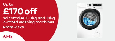 Up to £170 off selected AEG 9kg and 10kg A-rated washing machines From £329