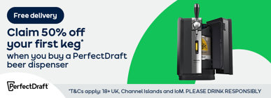 Free delivery Claim 50% off your first keg* when you buy a PerfectDraft beer dispenser *T&Cs apply: 18+ UK, Channel Islands and IoM. PLEASE DRINK RESPONSIBLY