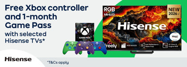 Free Xbox controller and 1-month Game Pass with selected Hisense TVs* *T&Cs apply