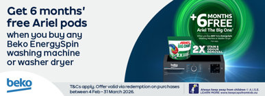 Get 6 months ' free Ariel pods when you buy any Beko EnergySpin washing machine or washer dryer