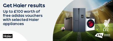 Get Haier results up to £100 worth of free adidas vouchers with selected Haier appliances